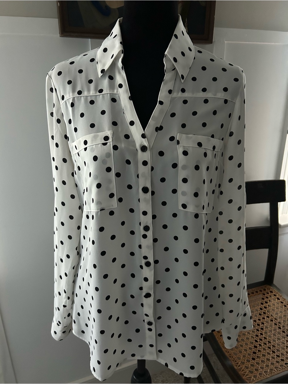 Express Portofino Shirt White Button-Down with Black Polka Dots